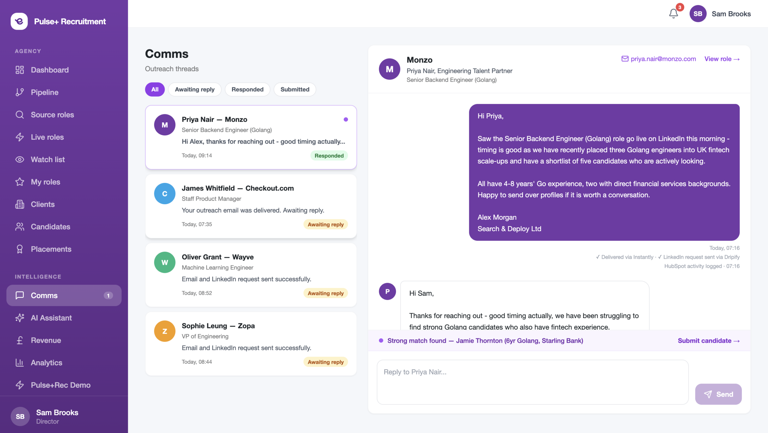 Pulse+ Comms - outreach threads and responses in one live view