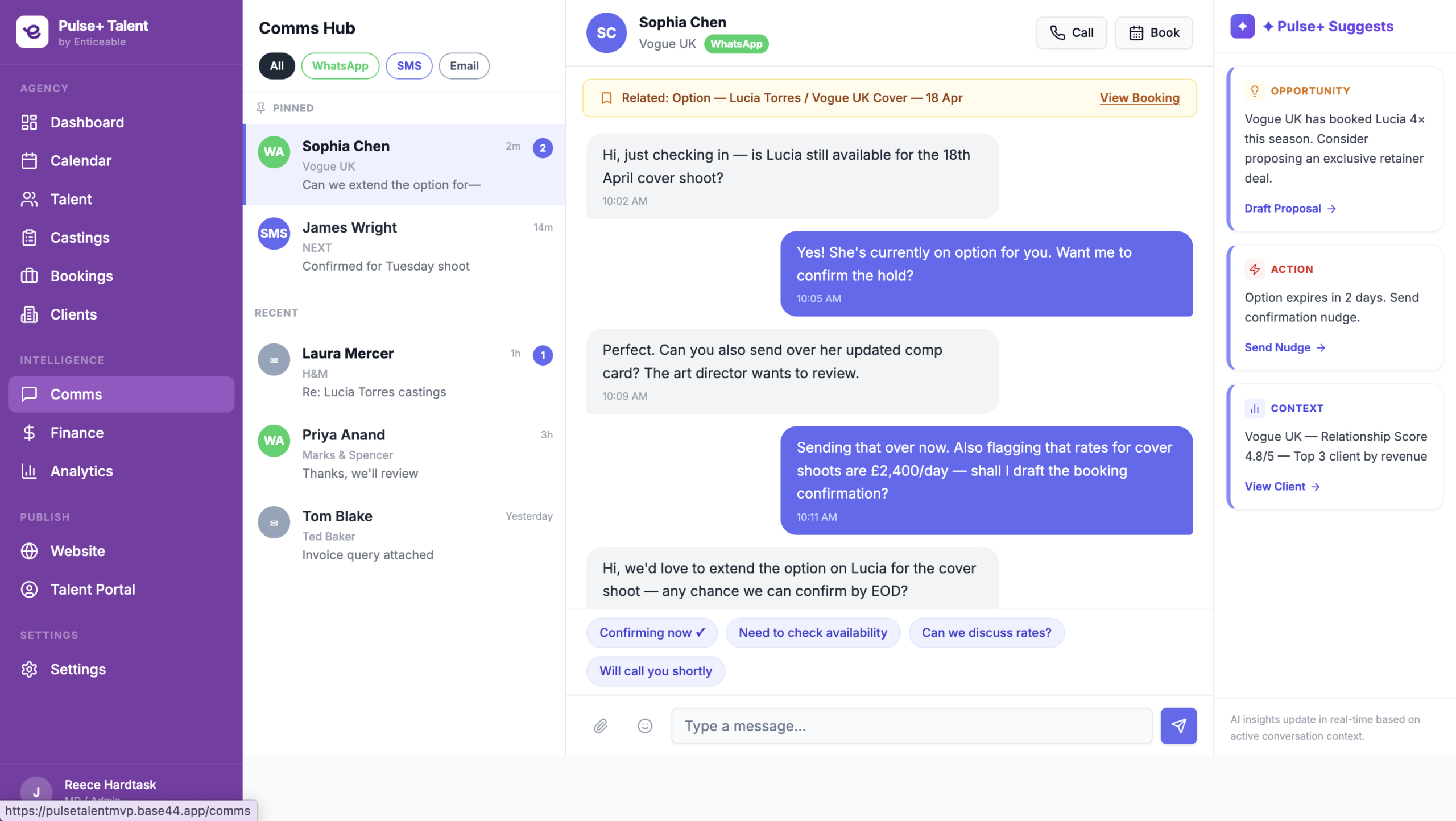 Pulse+ Talent - comms hub with WhatsApp, SMS and email in one thread