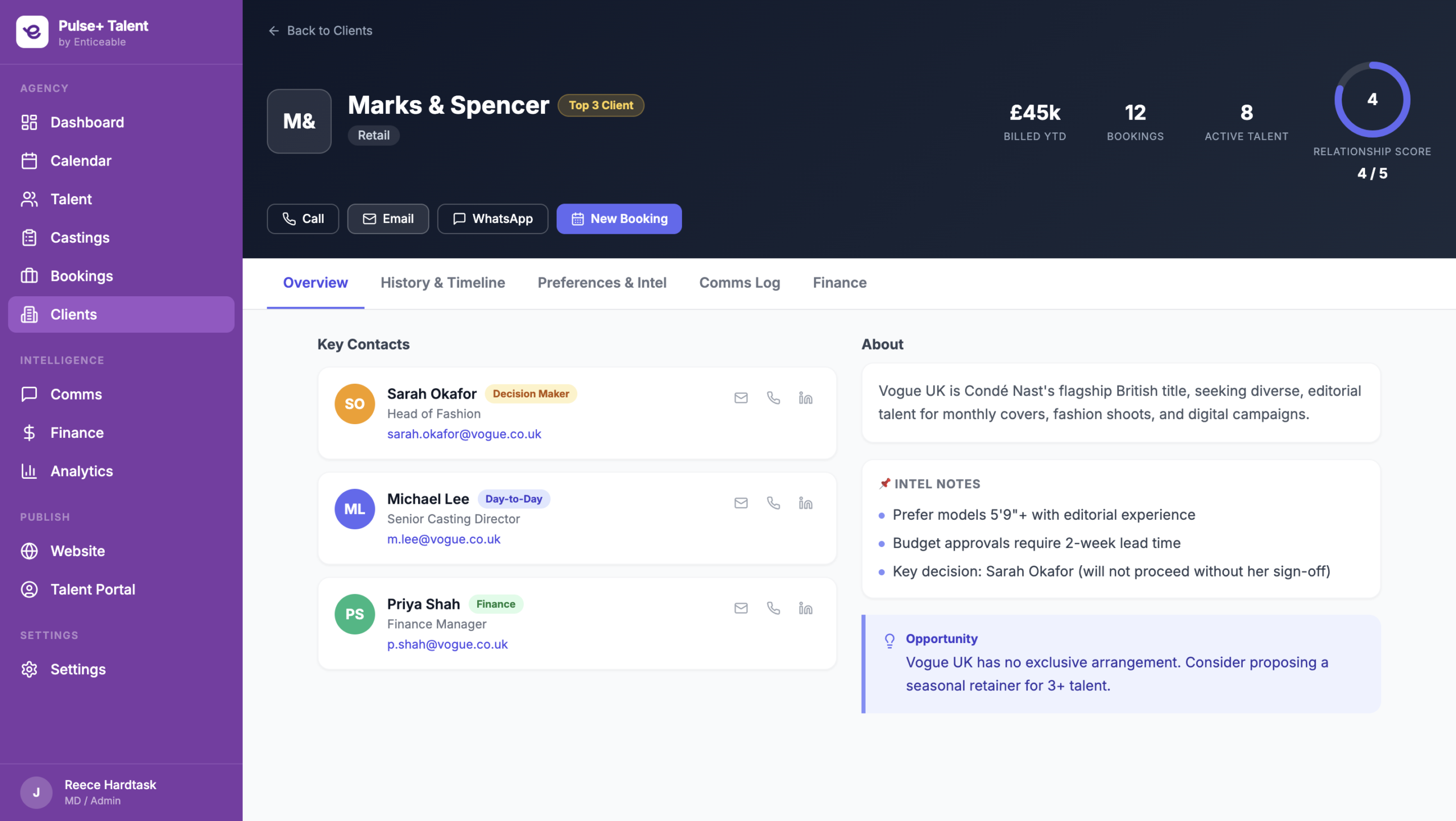 Pulse+ Talent - client relationship centre with billing, bookings and relationship score